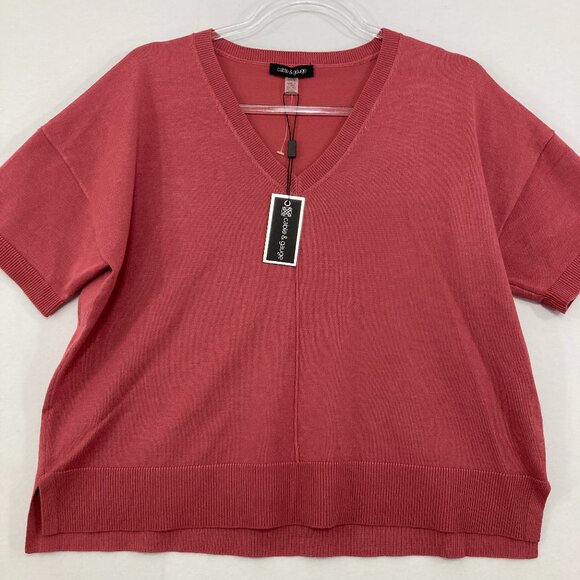 New Cable & Gauge Large Rust Red V Neck Short Sleeve Light Knit Sweater Elegant - Picture 1 of 9